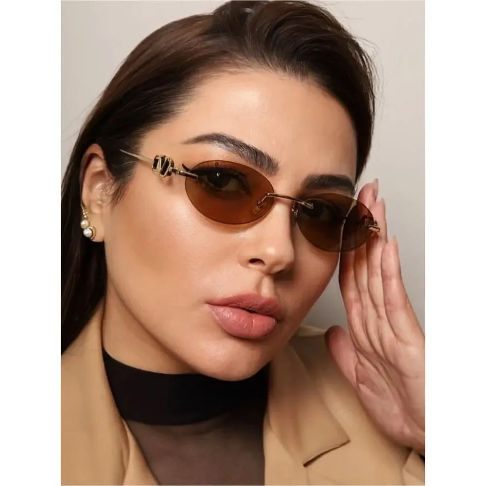 New Valentino VG0032S 002 Gold Oval Sunglasses Brown Lenses Authentic